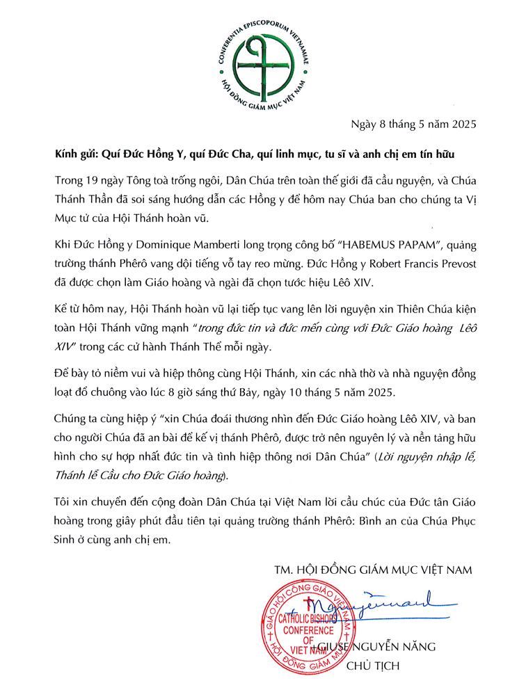CÁC NHÀ THỜ sẽ đồng loạt ĐỔ CHUÔNG vào lúc 8g Sáng Thứ Bảy 10.05.2025