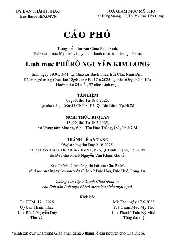 Xin gửi cộng đoàn chương trình tang lễ Cha Cố Phê-rô Kim Long
Nguồn: Tổng Giáo Phận Sài Gòn