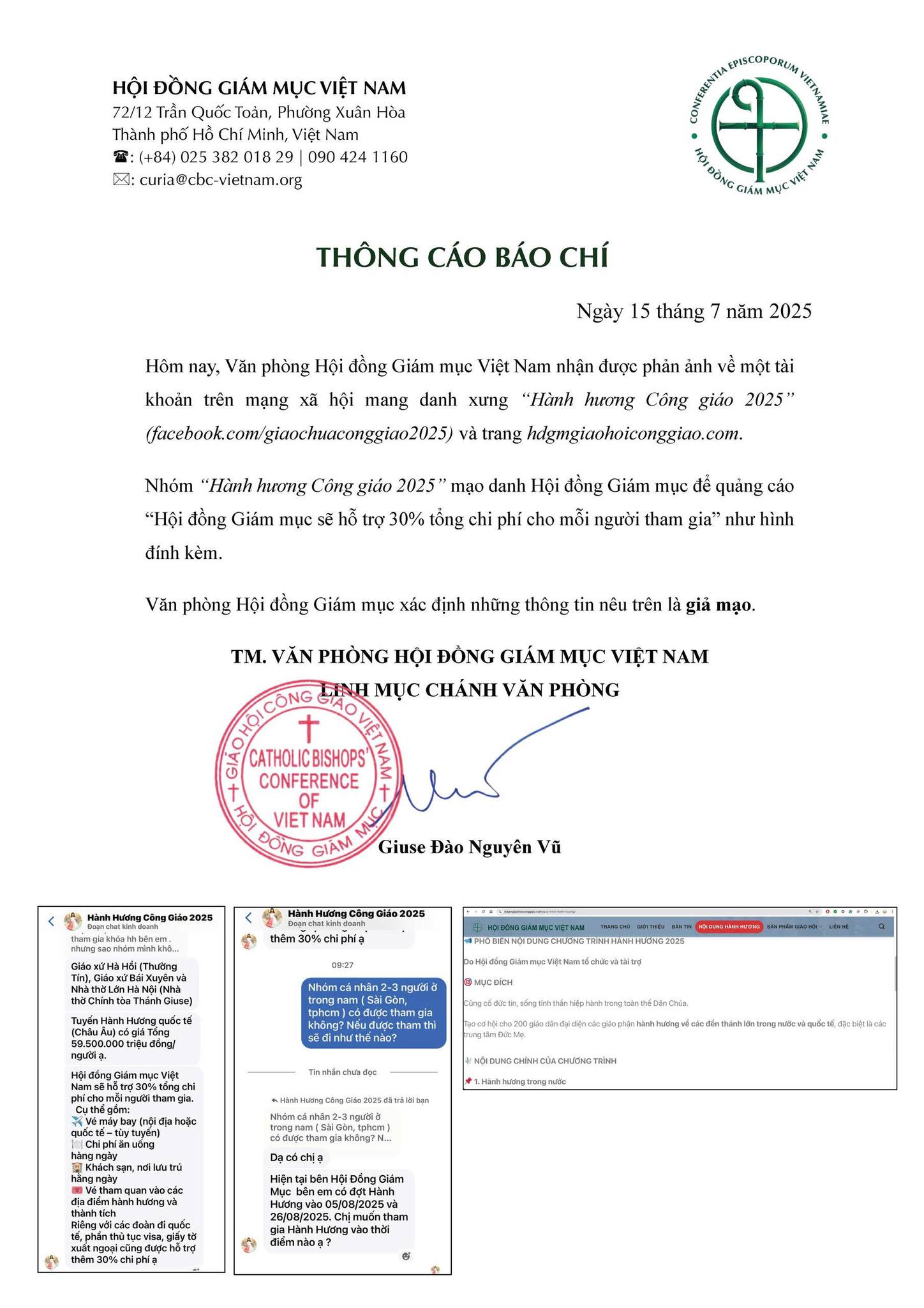 Thông cáo báo chí của HĐGM Việt Nam về Website và Trang mạng xã hội giả mạo, xin mọi người