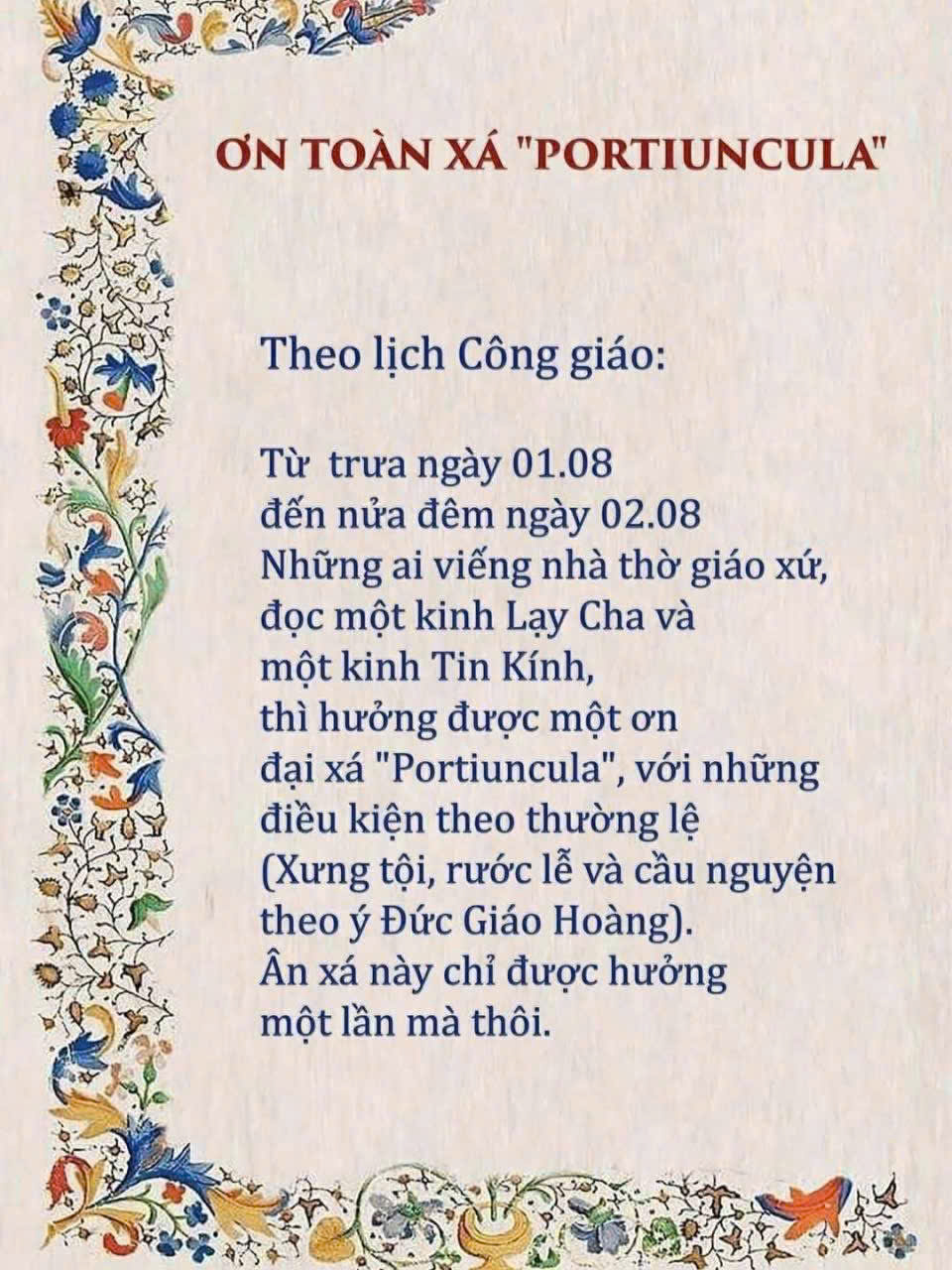 Ơn toàn xá Portiuncula từ trưa ngày 01.8 đến nửa đêm ngày 02.8.
- Giáo Phận bắc Ninh -