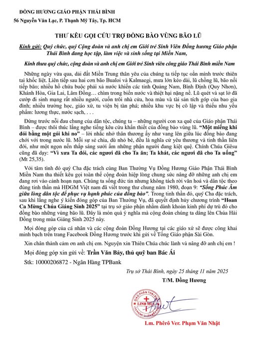 Thông báo từ Nhóm Giới Trẻ – Sinh Viên Công Giáo Thái Bình Miền Nam cho biết cộng đoàn đã