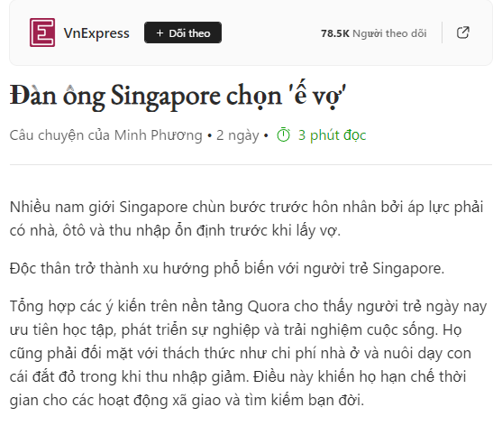 Nhiều nam giới Singapore chùn bước trước hôn nhân bởi áp lực phải có nhà, ôtô và thu nhập ổn