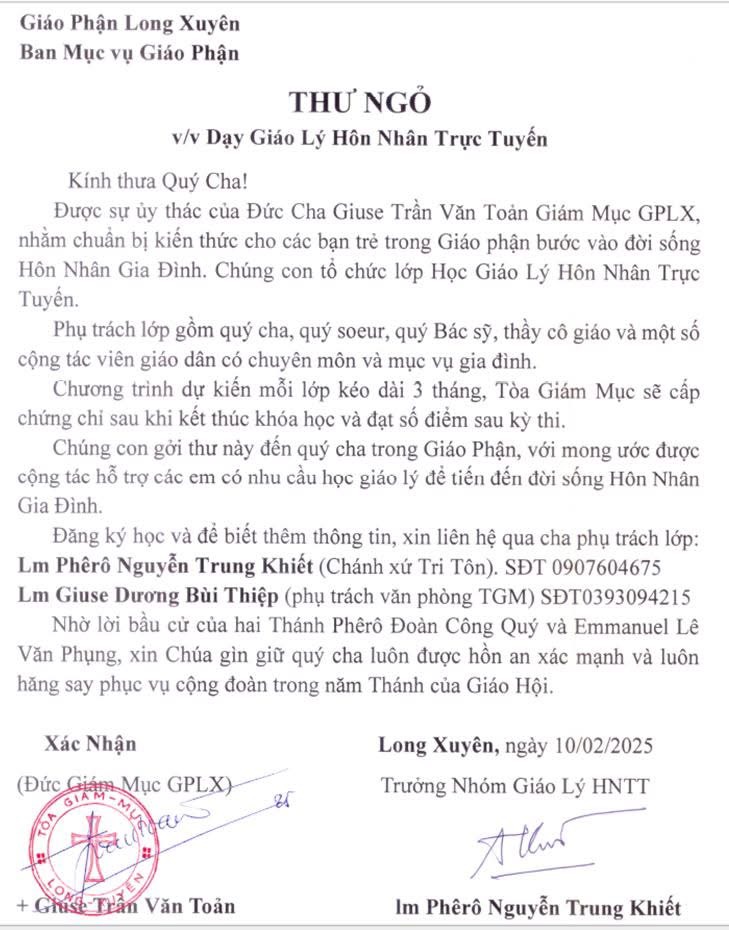 Giáo phận Long Xuyên
Ban Mục vụ Giáo phận

Thư nhỏ V/v Dạy Giáo lý Hôn nhân trực tuyến