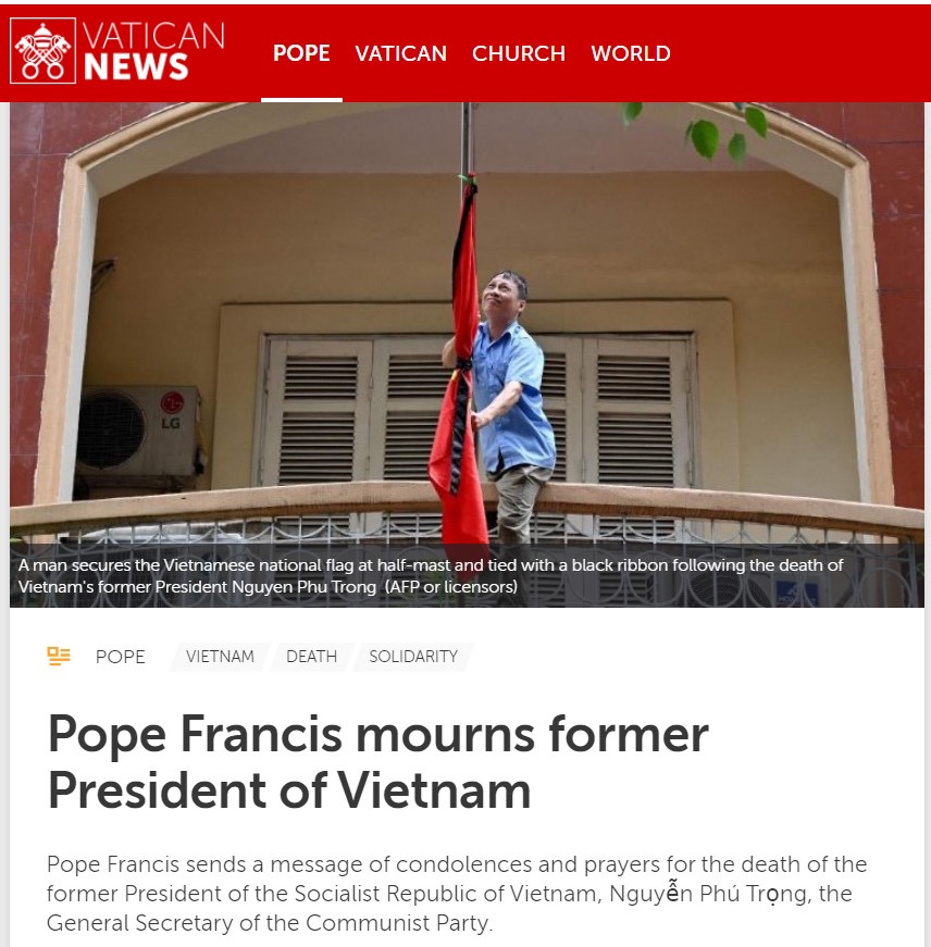 Đức giáo hoàng gửi thư chia buồn về sự ra đi của Tổng Bí thư Nguyễn Phú Trọng