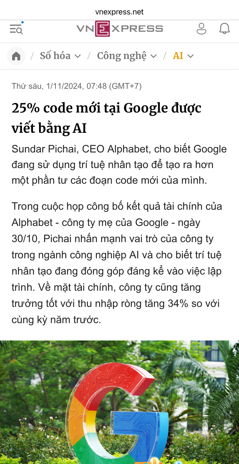 25% code mới tại Google được viết bằng AI