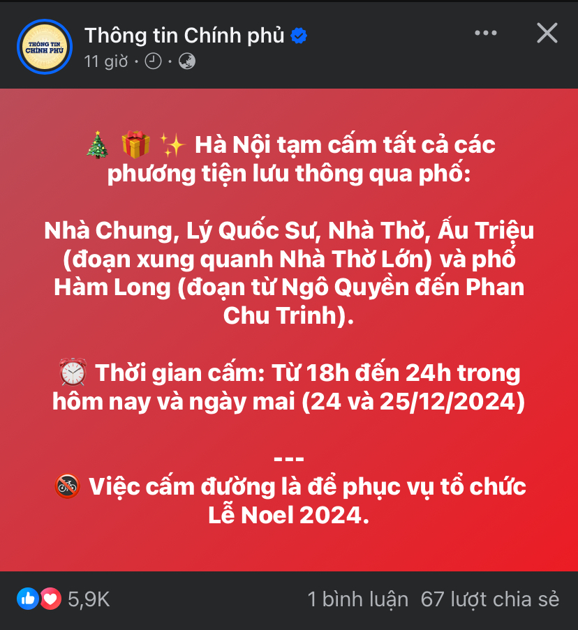 Hà Nội cấm một số tuyến đường để phục vụ tổ chức Lễ Noel