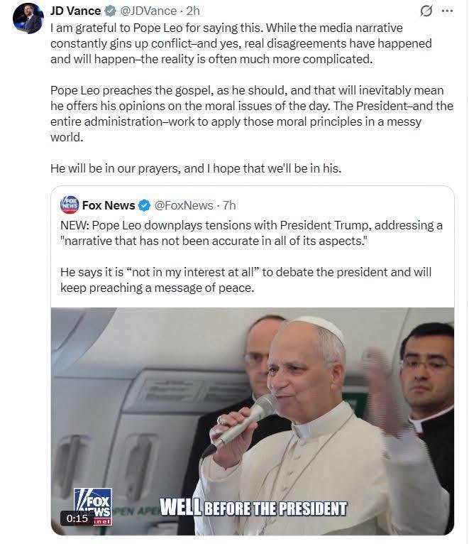 Fox News:
Đức Giáo hoàng Lêô giảm nhẹ căng thẳng với Tổng thống Trump, đề cập đến một “câu chuyện truyền