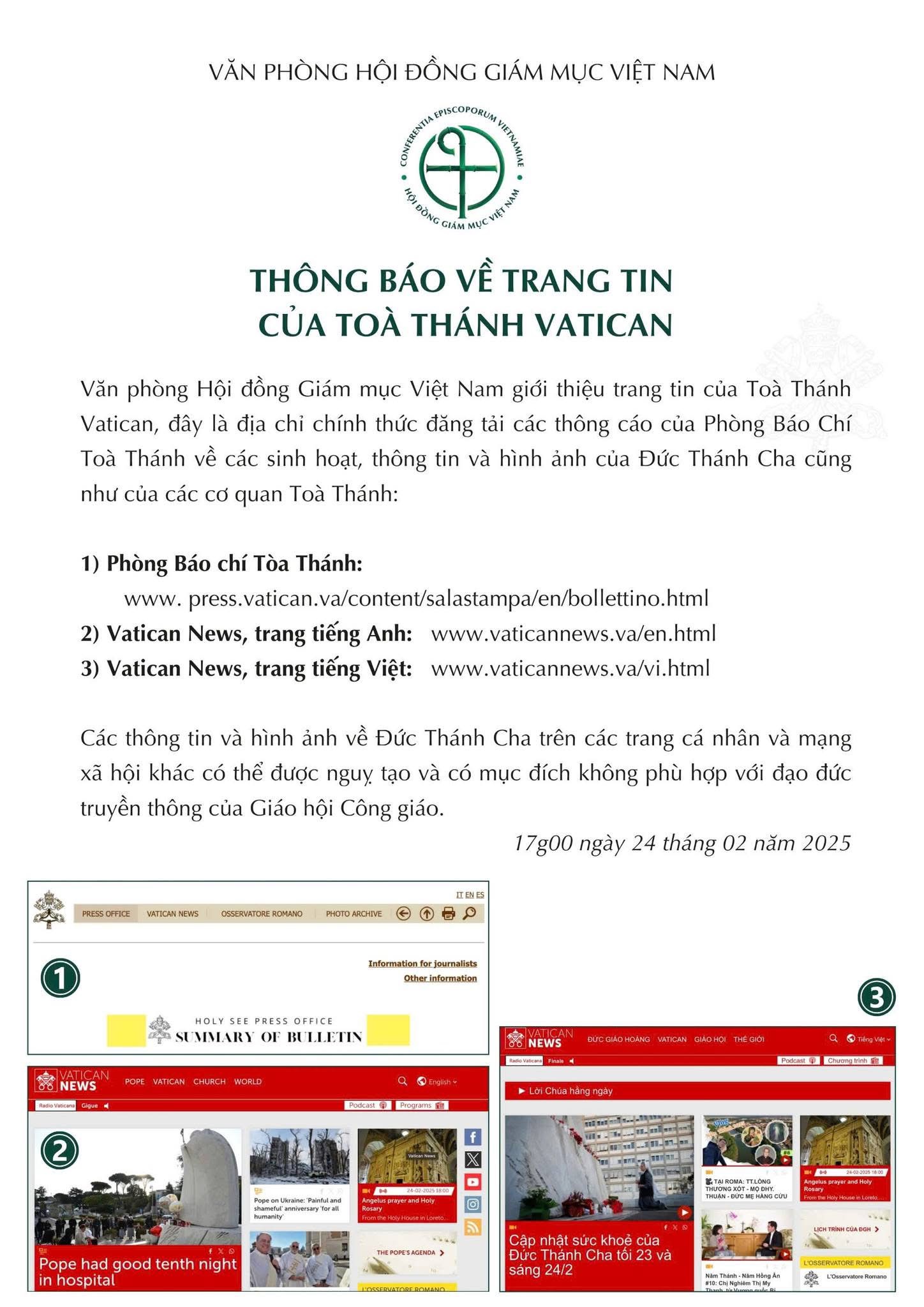 Thông báo về trang của toà thánh Vatican