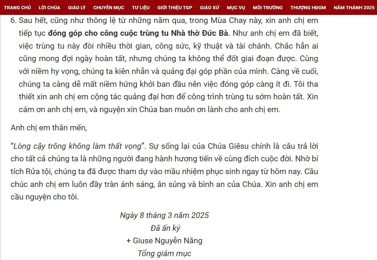 Trong Thư Mục vụ Mùa Chay và Mùa Phục Sinh ĐTGM Giuse Nguyễn Năng có mời gọi mọi người cộng