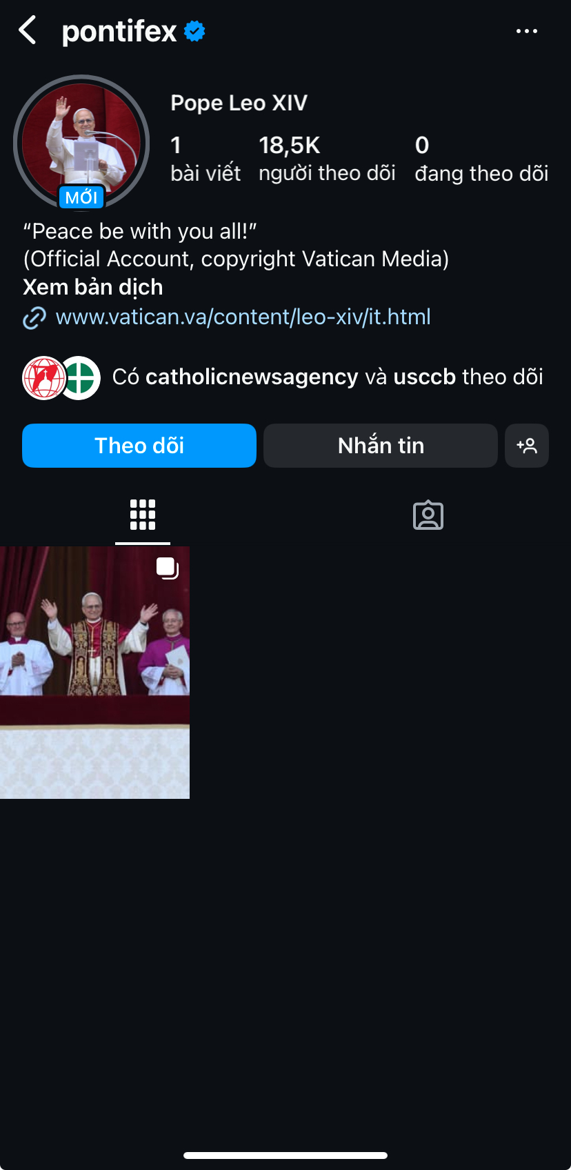 Tài khoản Instagram chính thức của ĐGH Leo XIV