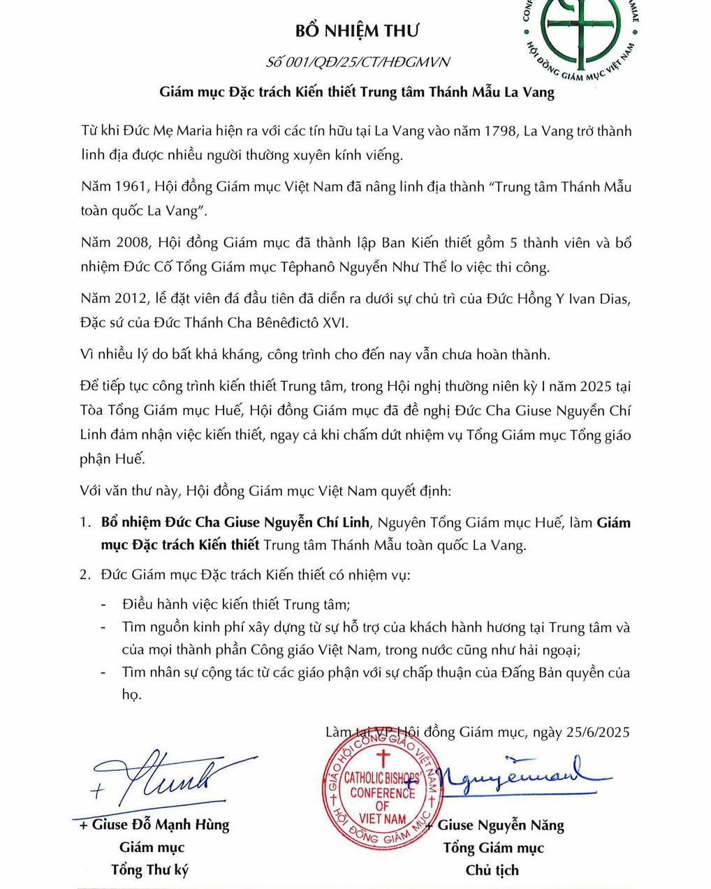 ✍🏻 Với văn thư này, Hội Đồng Giám Mục Việt Nam quyết định: Bổ nhiệm Đức Cha Giuse Nguyễn Chí