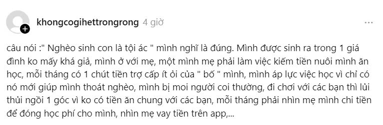 Đọc xong thấy không có động lực kết hôn, sinh con nữa. Sợ bị coi là tội ác nếu nghèo