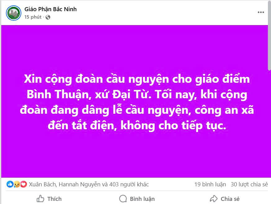 Tin từ giáo phận Bắc Ninh. 
Xin cộng đoàn cầu nguyện cho giáo điểm Bình Thuận, xứ Đại Từ. Tối